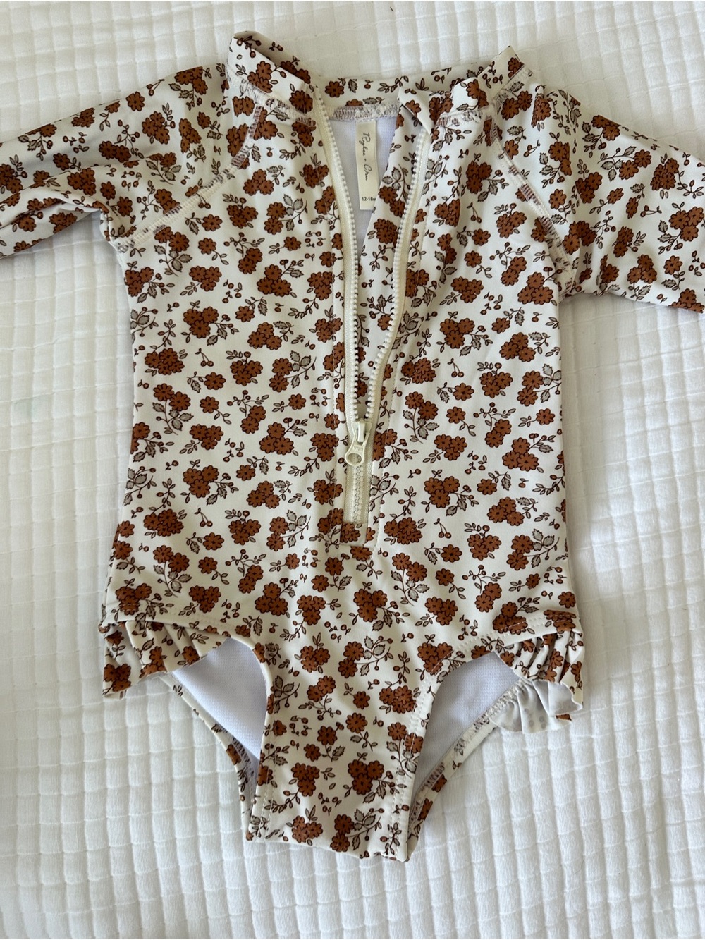 Rylee + Cru Cream Long-Sleeve One-Piece with Brown Floral Print